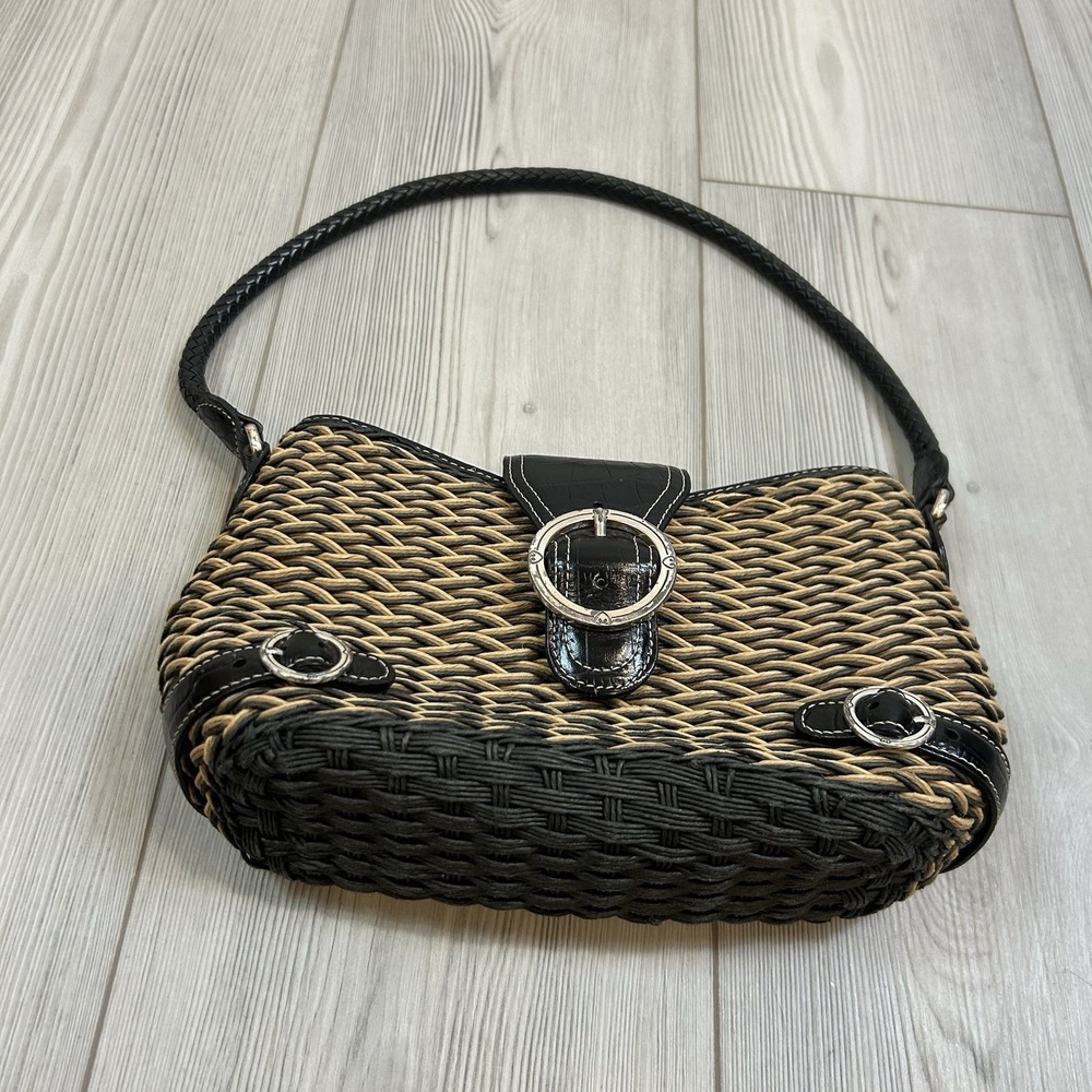 BRIGHTON Woven CORD Shoulder Bag with Leather Strap Closure Floral Fabric Lining - Picture 3 of 14
